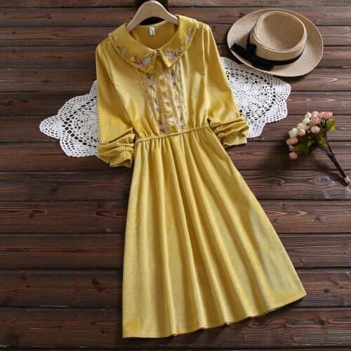 Floral Printed Yellow Spring Women Cute Dress Ruffled Cotton Linen Elegant Flower Sweet Dress