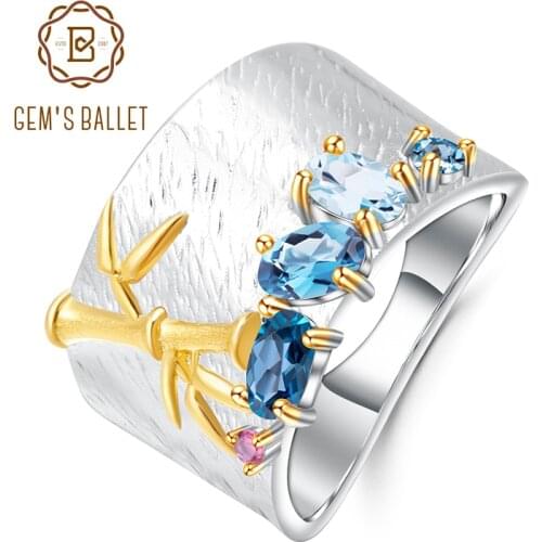 GEMS BALLET Natural Creative Blue Topaz Gemstone Ring 925 Sterling Silver Handmade Bamboo Finger Rings for Women Fine Jewelry