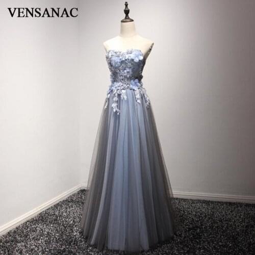 VENSANAC 2018 Crystals Flowers Strapless A Line Long Evening Dresses Elegant Lace Appliques Tulle Party Prom Gowns