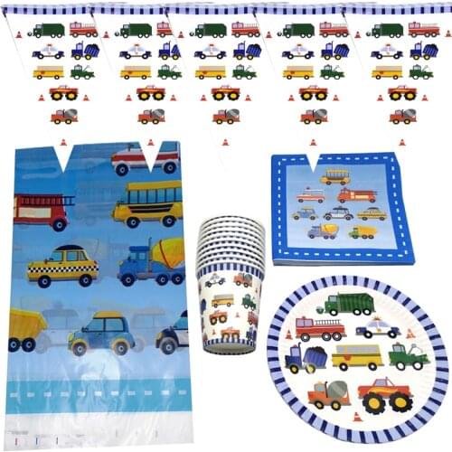 51PCS Baby Shower Tableware Set Birthday Party Cars Bus Truck Theme Napkins Flags Tablecloth Plates Cups Decorate Hanging Banner