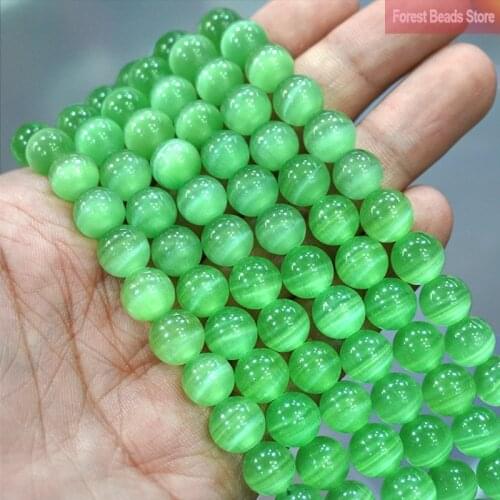6/8/10MM High Quality Light Green AAA Cat Eye Beads Smooth Opal Stone Round Loose Beads DIY Bracelet For Jewelry Making 15"Inch