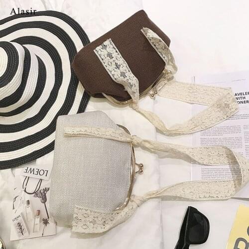 Alasir Hand Knit Holiday Solid Women Shoulder Bags Handmade Linen Bag Korean Lace Shoulder Bag Casual Ladies Simple Bags