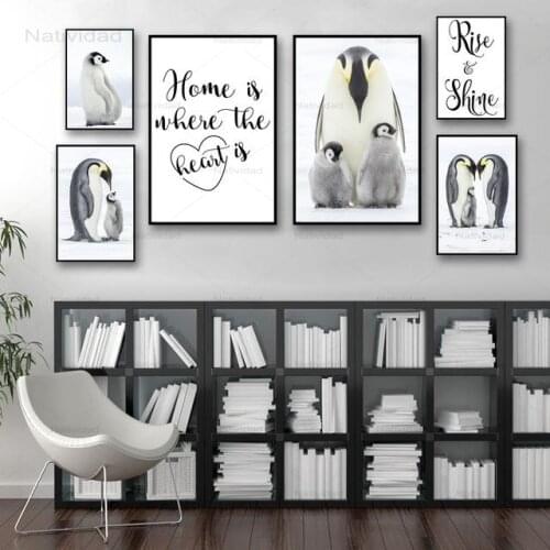 Home Decor Nordic Animals Cute Penguin Family and Letter Poster Print Wall Art Canvas Painting for Kids Children Room Pictures