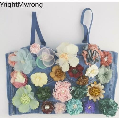 Plus Size Spaghetti Strap Denim Jean Flower Pearls Bandage Bralette Cropped Sexy Crop Top Bustier Camisole Camis Party Club Bras