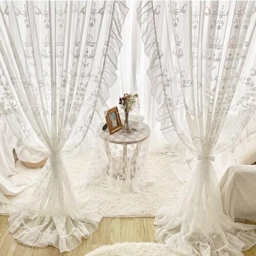 European French White Embroidery Tulle Princess Sheer Curtains with Lace Romantic Voile Curtain for Living Room Bedroom Gauze