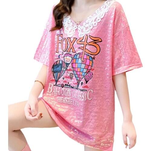 ZuoLunOuBa Summer Fashion New Women T Shirt Print Letter Colorful Hot Air Balloon Tees Lace V-Neck Sexy High Quality Tops Female