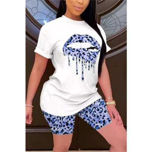 Tie-dye Two Piece Set Tracksuit Lips Short Sleeve Top T-shirt+Leopard Shorts Festival Matching Sets 2 Piece Outfits For Women
