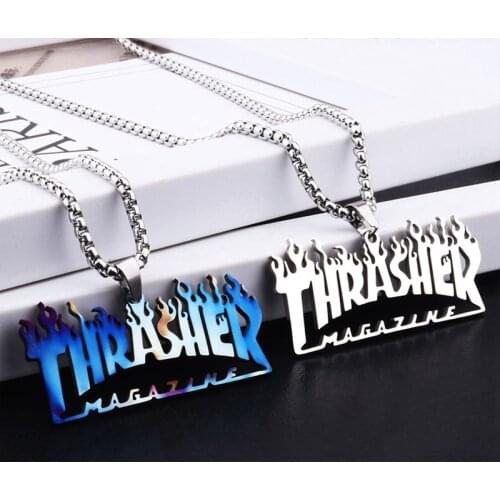 Cool Street Hiphop Hip Hop Pendant Thrasher Colorful Necklace Thrasher Necklace Titanium Steel Jewelry