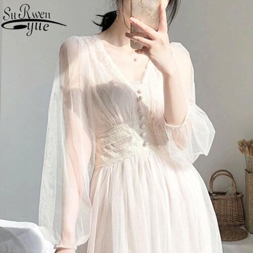 Dress Women 2021 Spring Plus Size Dress Elegant Button A-Line Vestidos Solid Puff Sleeve Empire V-Neck Lace Voile Mesh 8126