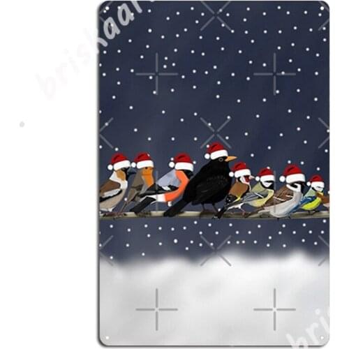 Garden Birds With Santa Hat On A Branch Cute Bird Illustration Christmas Metal Signs Cave pub Retro pub Tin sign Posters