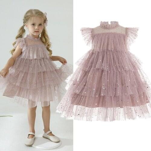 Little Girls Causal Lace Dress Flying Sleeve Solid Party Clothes Kids Summer Flower Girls Dress Princess Dress For 3-8Y Girls