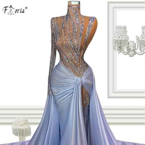 Sexy See Thru Mermaid Evening Dress High Neck Crystal Beading Formal Party Night Gowns High Split Evening Gown Robe De Soiree