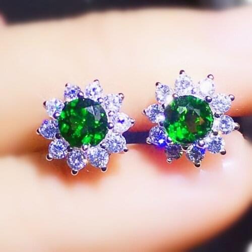 Natural real green diopside round stud earring Per jewelry 5*5mm 0.5ct*2pcs gemstone 925 sterling silver Fine jewelry X218353