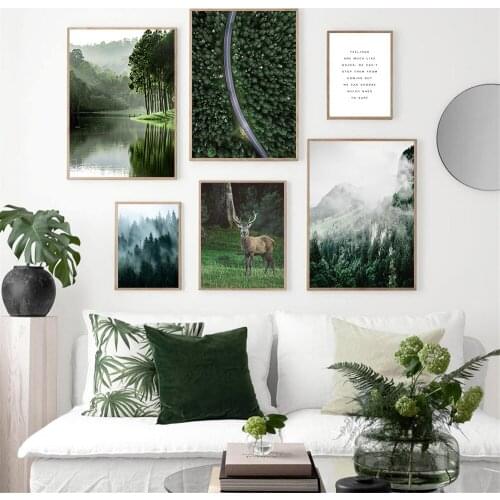 Scandinavia Mountain Lake Deer Animal Posters Forest Road Art Prints Landscape Quotes Wall Art Canvas Painting Modern Home Decor