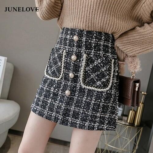Mini Tweed Wool Skirt Women Korean Style Hight Waist Autumn Winter Short Plaid Skirts Pocket Button Hip Package Faldas Mujer