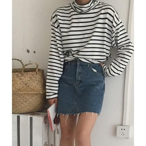 Women T-shirt Turtleneck Striped Full Sleeve Stretch Tops Basic Drop Shoulder Undershirt Basic Perfect Pullover M-XL