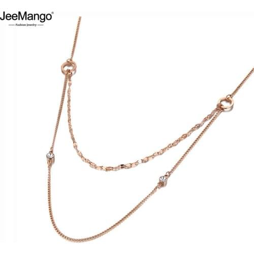 JeeMango Bohemia Stainless Steel Double-layer Choker Necklace CZ Crystal Charm Pendant Chain & Link Jewelry For Women JN20055