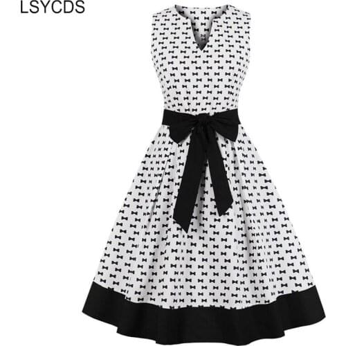 LSYCDS Retro Robe Femme Black Hem Vintage Dresses Little Bow Print Rockabilly Dress Women V Neck Belted White Elegant Dresses