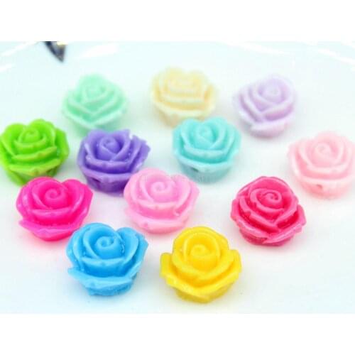 250pcs sale 14mm Rose Resin Flower Cabochons with holes colorful flowers cabochon mix color
