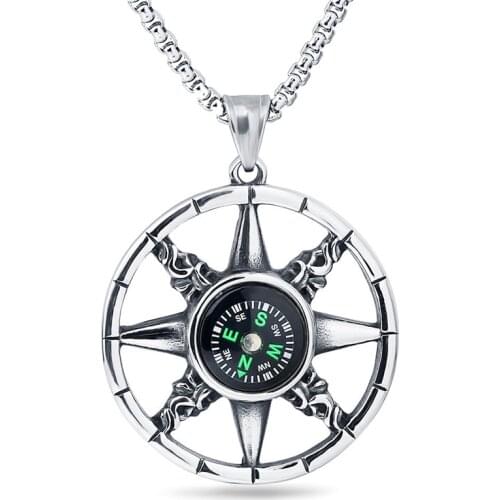 Compass Pendant Necklace For Men Boy Gift Stainless Steel Hip Hop Jewelry With 45 cm Leather Rope Chain Wholesale Dropshipping