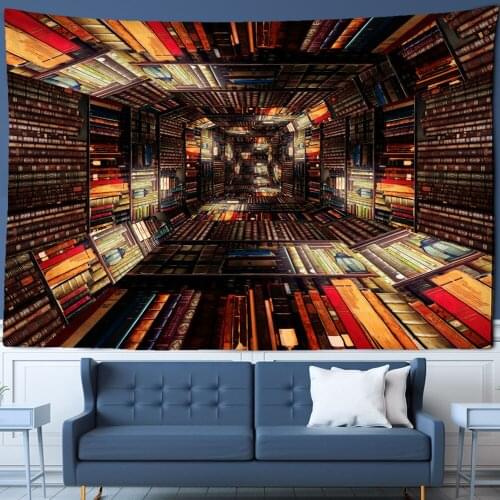 Library Bookshelf 3D Scene Tapestry Psychedelic Wall Hanging Background Decor Cloth Factory Direct Sales Can Be Customized