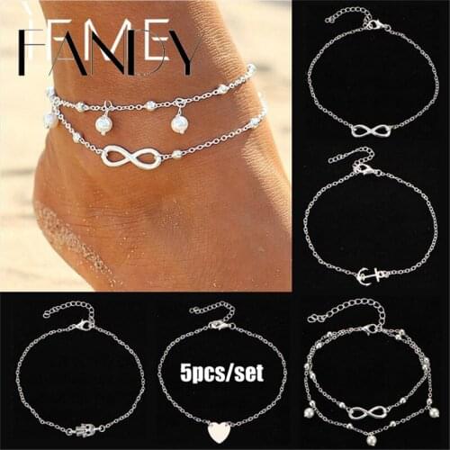 IF ME Vintage Boho 5PCS/set Anklet Set for Women Gold Silver Color Bead Pendant Infinity Hasma Hand Heart Foot Ankle Jewelry New