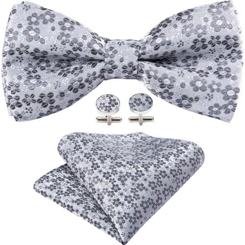 New Fashion White Floral Men Bowtie Set 100% Silk Wedding Bows Pocket Cufflinks Pre-Tied Butterfly Groom Tie Barry.Wang LH-844