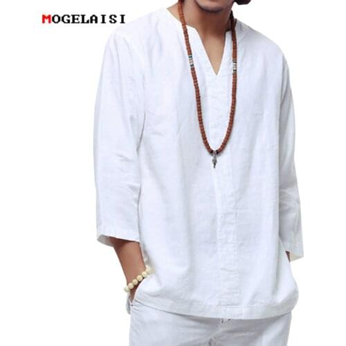 Chinese style linen shirt Plus size 4XL/5XL men casual Breathable white soft three quarter shirt Camisa masculina TX55