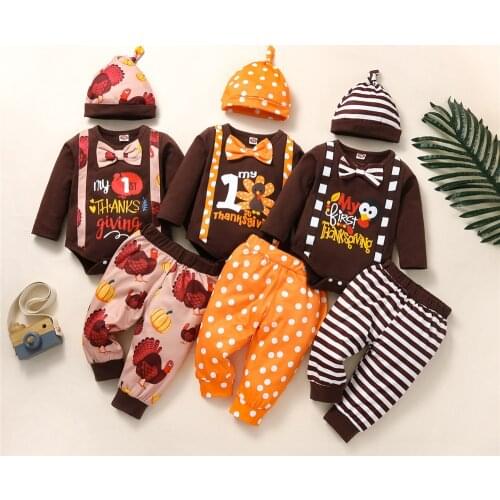 Baby Boy Thanksgiving Clothes Set Bowtie Bodysuit Romper Turkey Pants Hat Cap 0-18M Newborn Infant Festival Costume Outfits 2021