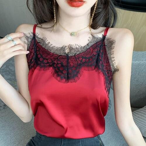 Lace Patchwork Cami Satin Silk Backless Camisole Off Shoulder Top Summer 2020 White Tank Top Women Clothes Woman Vetement Femme
