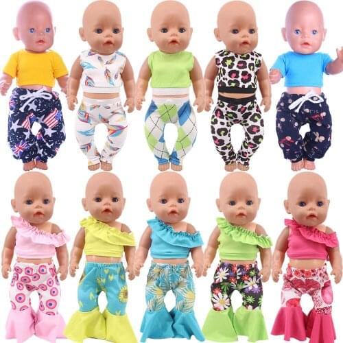 Doll Clothes Short Sleeve + Pants Popular Feather Leopard Print For 18 Inch American Doll 43 Cm New Baby Reborn Clothes,Kids Toy