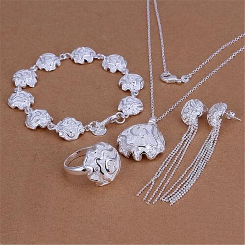 Hot Fine Rose flower 925 sterling Silver Pendant rings Bracelets necklace earrings stud Jewelry set for women Fashion Party gift