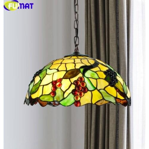 FUMAT Tiffany Style Anti Chandeliers Single Head Pendant Lamps Stained Glass Grape Green Leaves Auntique Haning Lights Fixture