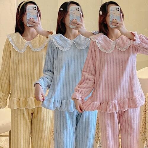 Sweet Lace Princess Thick Warm Long Sleeve Flannel Pajama Set for Women 2021 Winter Coral Velvet Sleepwear Suit Homewear Clothes