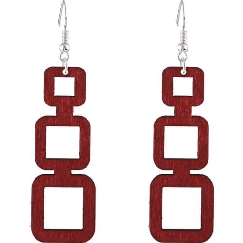 Fashion Natural Wooden Echelon Square Dangle Earrings for Women Simple Geometric Wood Earrings Jewelry Wholesale