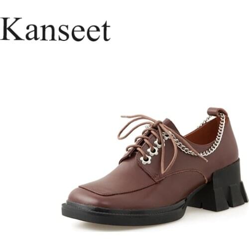 Kanseet 2021 New Women Pumps Spring Autumn Metal Chain Brown Black Genuine Leather Square Toe Mid Heels Casual Handmade Shoes