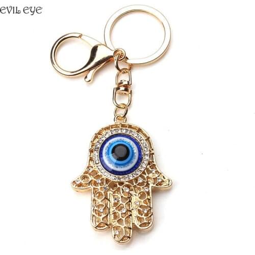 New Fashion Evil Eye Gold Color Keychain Crystal Fatima Palm Key chain Hollow Out Hamsa Hand Key Ring for Women Men Jewelry