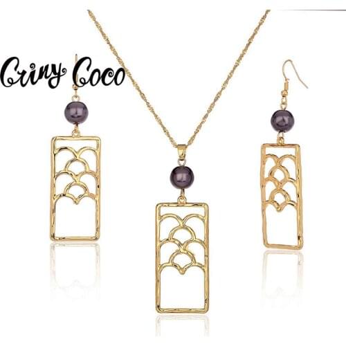 Cring Coco Geometric Necklace Earrings For Women Hawaiian Black Pearl Polynesian Samoa Jewelry Set Alloy Earing Necklaces Sets