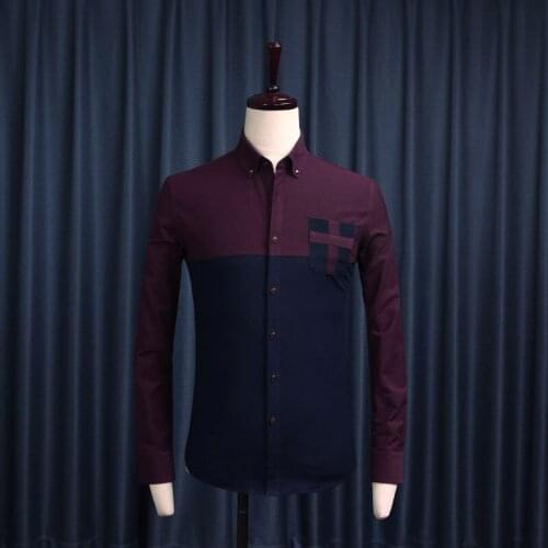 100% Cotton Shirt Men Brand Clothing Fashion Mens Dress Shirts Casual Slim Fit Long Sleeve Turn-down Collar Patchwork Color 2XL