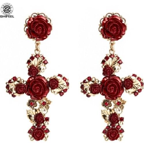 SHIFEEL 2019 New Euramerican Pop Baroque Style Brand Jewelry Rose Flower Filigree Cross Earrings Gold Tone Enameled Pendientes