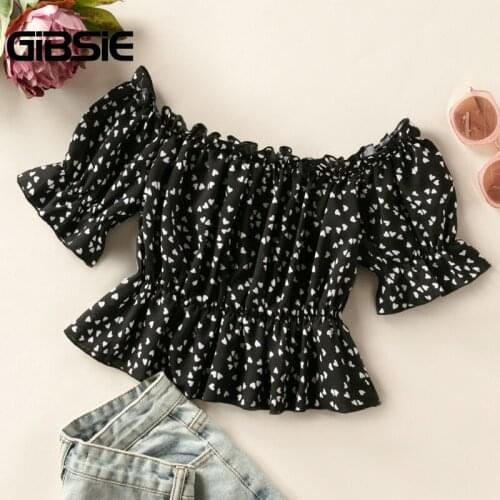 GIBSIE Plus Size Flounce Sleeve Heart Print Off Shoulder Crop Top Blouse Women Boho Casual Summer Tops Sweet Ladies Blouses