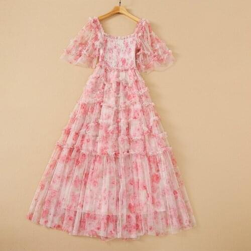 European and American womens wear for spring 2021 Short sleeved square collar mesh printing Fashion pleated dress