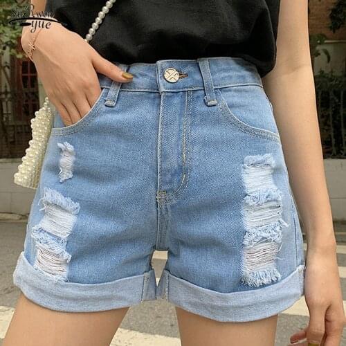 2021 Summer High-Waist Crimping Denim Shorts New Korean Hole Wild Hot Pants Women Blue Vintage Casual Short Jeans Ladies 9354 50