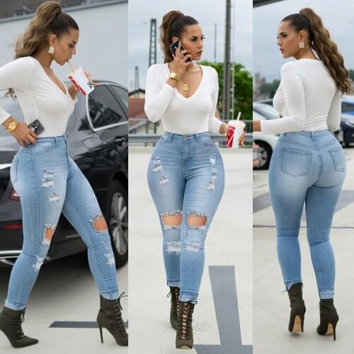 Women Stretch Ripped Distressed Skinny High Waist y2k Denim Pants Shredded Jeans Trousers Casual Jeggings Ladies Spring Autumn