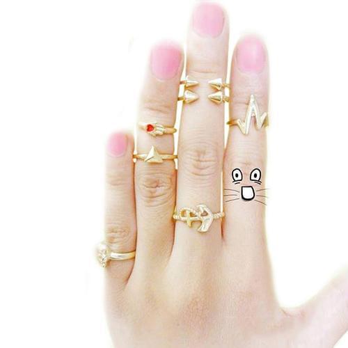 7Pcs Womens Punk Skull Anchor Hand Cone Open Knuckle Ring Midi Ring Set Party
