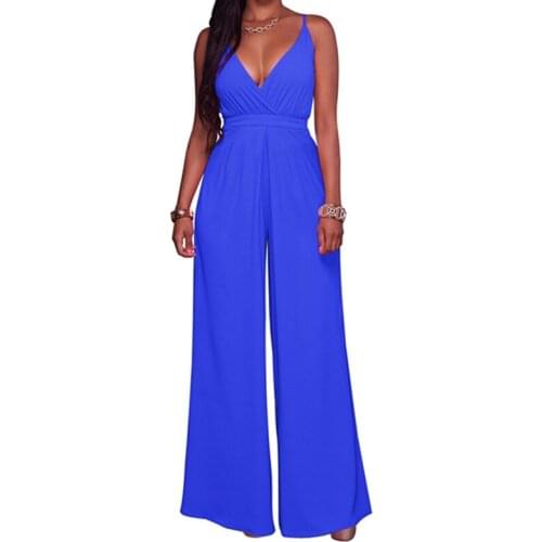 Summer Sexy Backless Women Solid Long Jumpsuit Elegant Overalls 2018 Casual V-Neck Sleeveless Wide Leg Pants Rompers