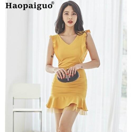 Plus Size Mesh Patchwork Yellow Dress Women Ruffles Sleeveless Bodycon Dress Women Solid Mini Sexy Dress Club Wear for Ladies
