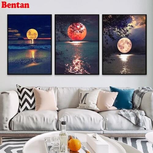 3 Pcs Diamond Painting Seaside moon scenery diy cross stitch diamond embroidery mosaic painting Modern Living Room Decor