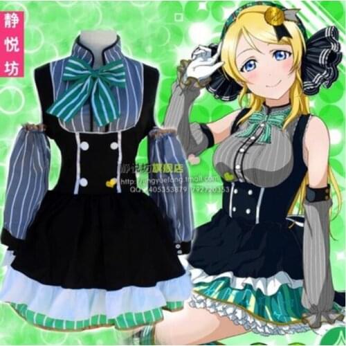 Anime LoveLive! COSPLAY Ayase Eli COS Halloween Party Cosplay Candy maid outfit Full set Dresses+Turban headdres+bow+sleeve