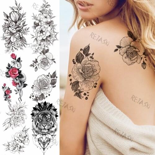 Big Peony Flower Temporary Tattoos For Women Girl Lotus Peony Rose Realistic Fake Tattoo Sticker Back Tiger Arm Waterproof Tatoo